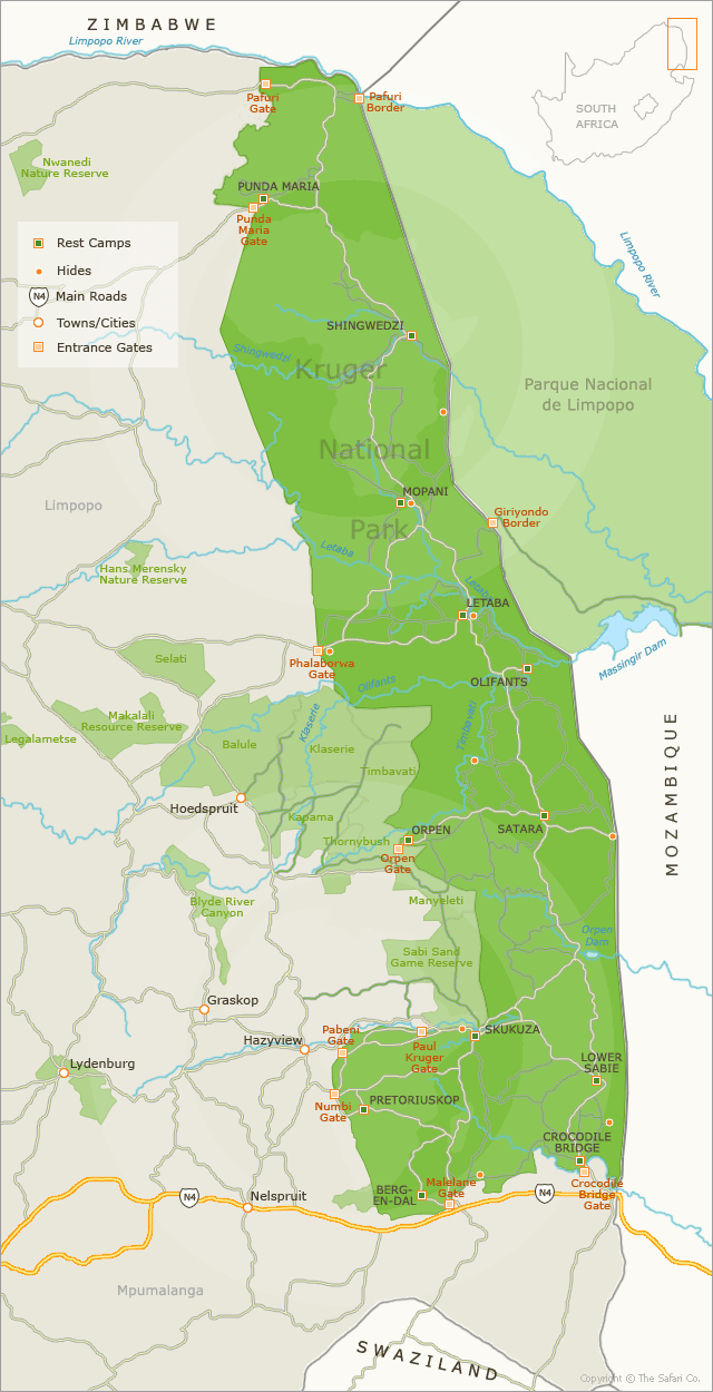 Detailed Map of Kruger - Accommodation, Attractions, Routes